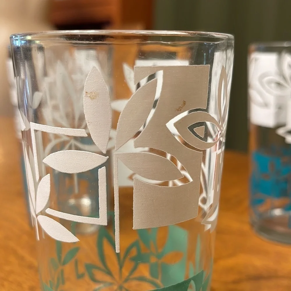 Vintage MCM Highball Tiki Juice Glass Set Peanut Butter Tiki Floral Barware Set